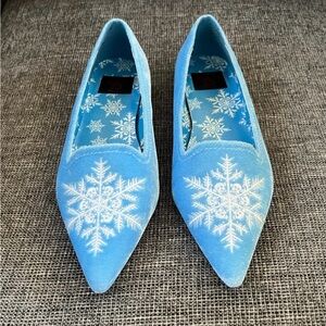 Strange Cvlt Blue Velvet Snowflake Embroidered Pointed Toe Flats